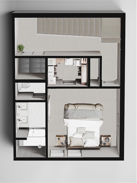 a model of a small house with a bedroom and a bathroom